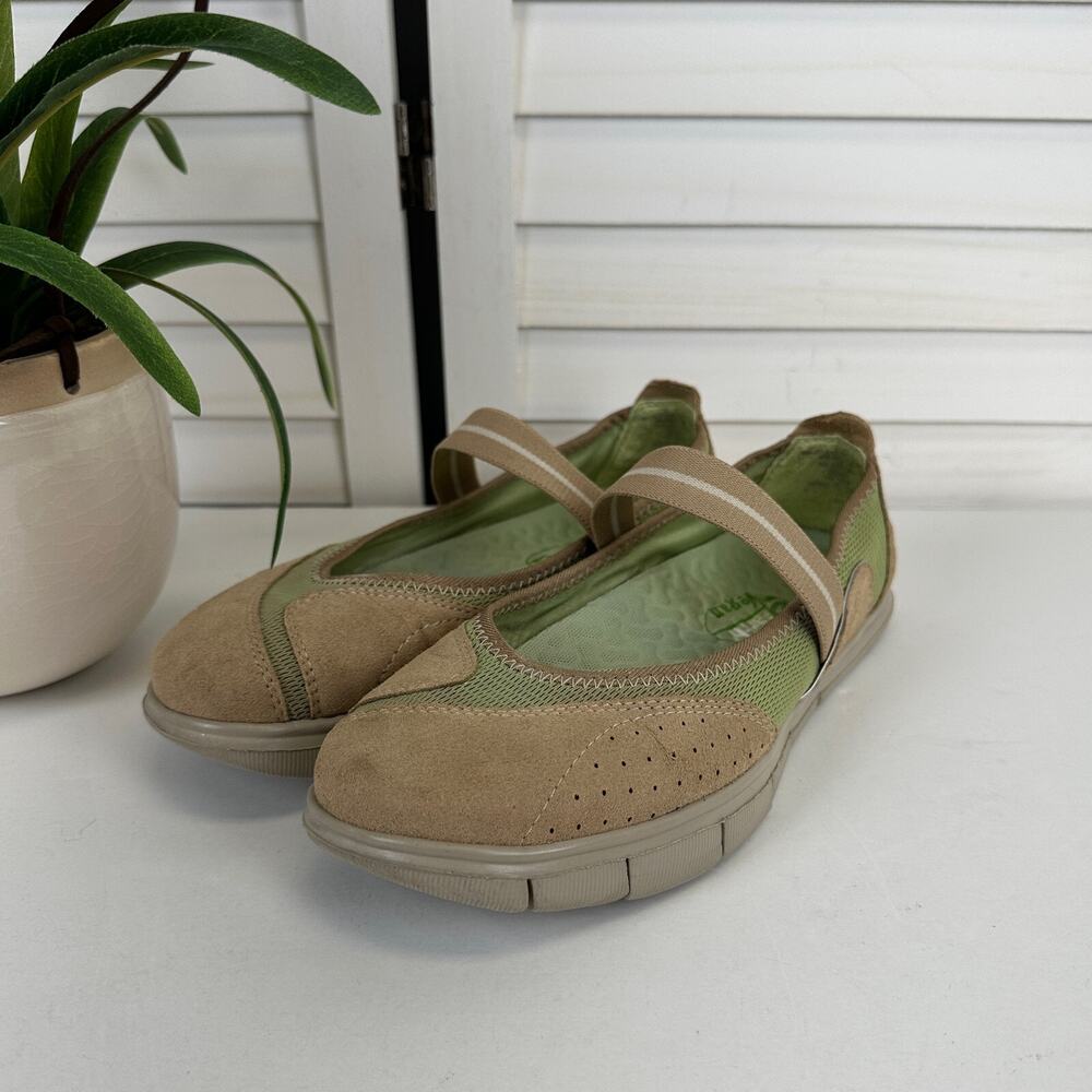 Earth Vegan Inhale 2 Mary Jane Flats Tan Green Slip On comfort Shoes‎ Size 8.5 B